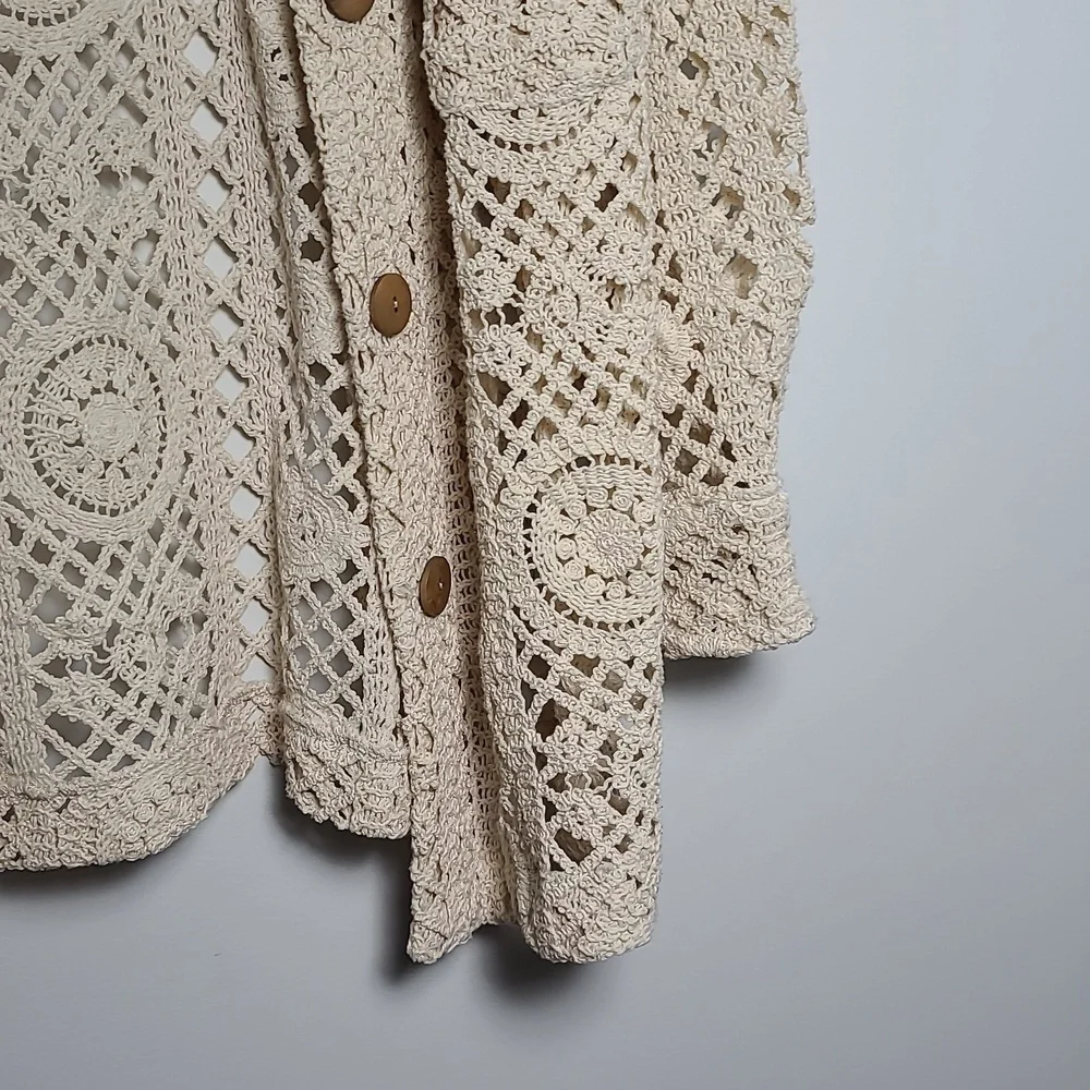 ZARA Open Crochet Cream Button Up Cardigan Shacket Coat Size Large - Picture 2 of 15